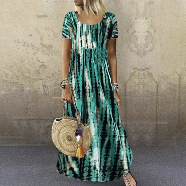 SMihono Robe Maxi Bohème d'Été pour Femmes Grande Taille Imprimé Teinture sur Nœuds Évasée Décontractée Robe d'Été Florale à Manches Courtes Femmes Robe pour Femmes Robe Mini Robe de Plage Évasée Robe d'Été