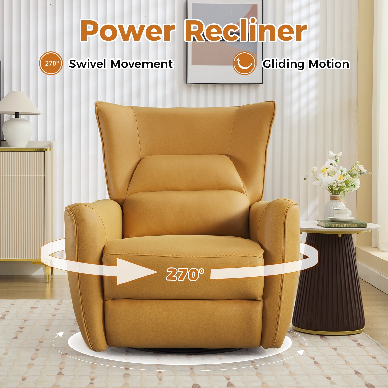 Bonzy Home Swivel Rocker Recliner Power Electric Recliners with Highly Enveloping Backrest Rocking Recliner Chair Leathaire Reclining Sofa for Living Room, Yellow