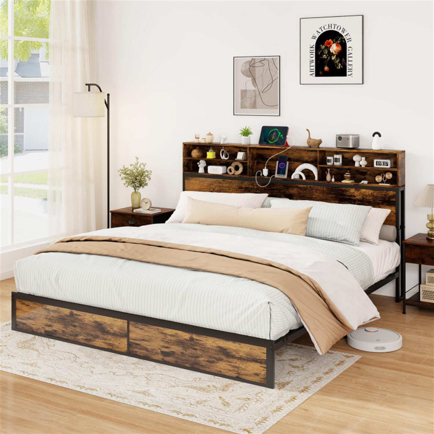 Demi Bonn King Size Bed Frame with Wooden Headboard and Footboard, Industrial Metal Platform Bed Frame with Under Bed Storage, No Box Spring Needed, Brown