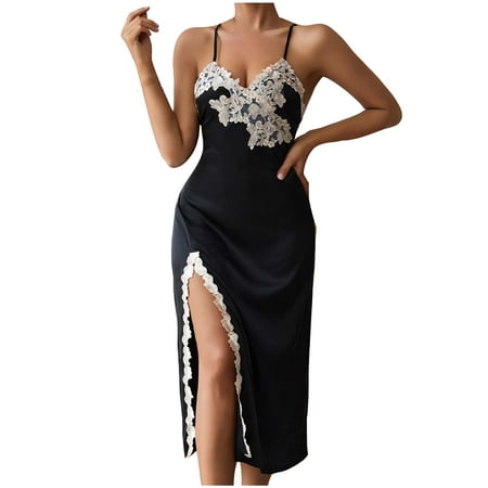 EINCcm Women Sexy Lace Chemise Nightgown Sleepwear V Neck Full Slip Babydoll Lingerie Hem Split Sleep Midi Dress