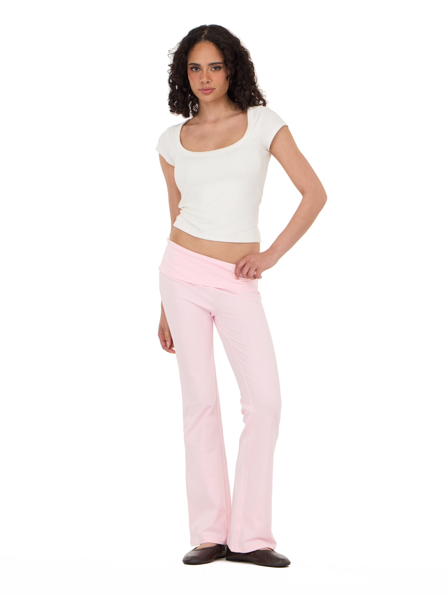 Forever 21 Women's Jersey Fold Over Waist Pants with Graphic Detail, Flare Leg Lounge Pants, Stretch Casual Everyday Comfort Style, Pink, XXS-4X