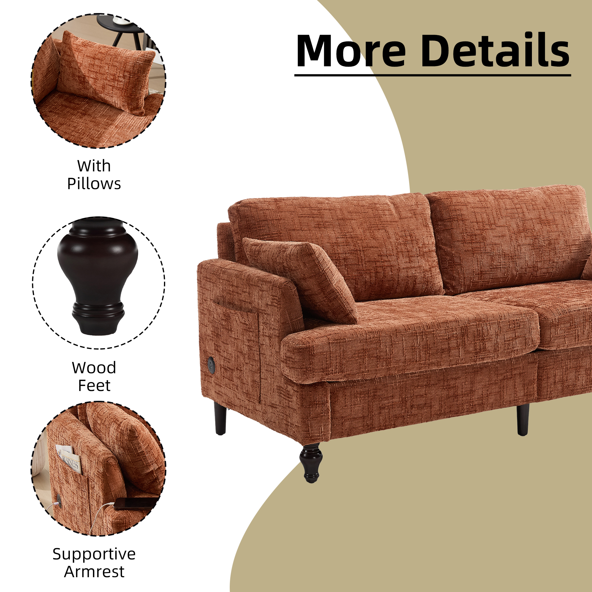MOONMISS Chenille Upholstered Mid Century Modern Wood Frame Loveseats Sofa with LED light,USB and Side Pocket-Orange