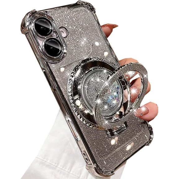 Glitter Kickstand Case for iPhone 17,Cute Luxury Bling Sparkly Case with Camera Lens Protector Liquid Flowing Ring Stand Soft TPU Bumper Shockproof Women Girls Cover for iPhone 17 6.3",Silver