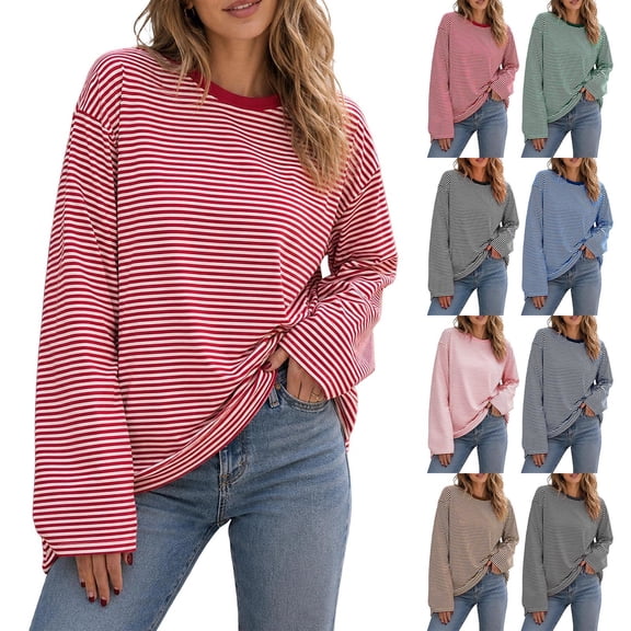 XUNKUSGA Womens Striped Tops Casual Loose Long Sleeve Crewneck Pullover Top Fashion Drop Shoulder Oversized Tunic Tops Comfortable Soft Fall Sweatshirt for Daily Wear S