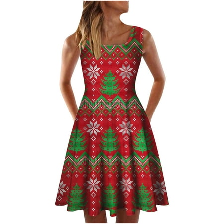 

Red Dress Plus Size Dress for Women Fashion Women Summer O-Neck Christmas Printing Loose Fit Comfy Sleeveless Dress Savings Clearance Dress Pants Women Sequin Dress for Women Red L