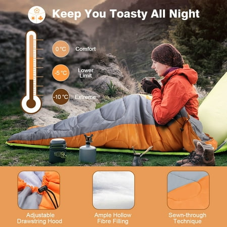 - LANGRIA Envelope Sleeping Bag, 3 Season Compact Sleeping Bags for Adults, Indoor/Outdoor Lightweight Sleeping Bag for Sleepover Camping Backpacking Hiking Festival with Compression Sack (Orange)