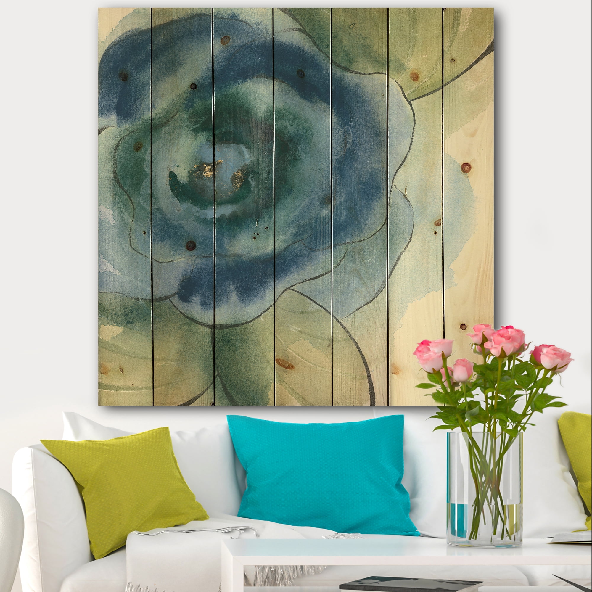 Designart 'Blue Floral Poppies IV' Cottage Print on Natural Pine Wood
