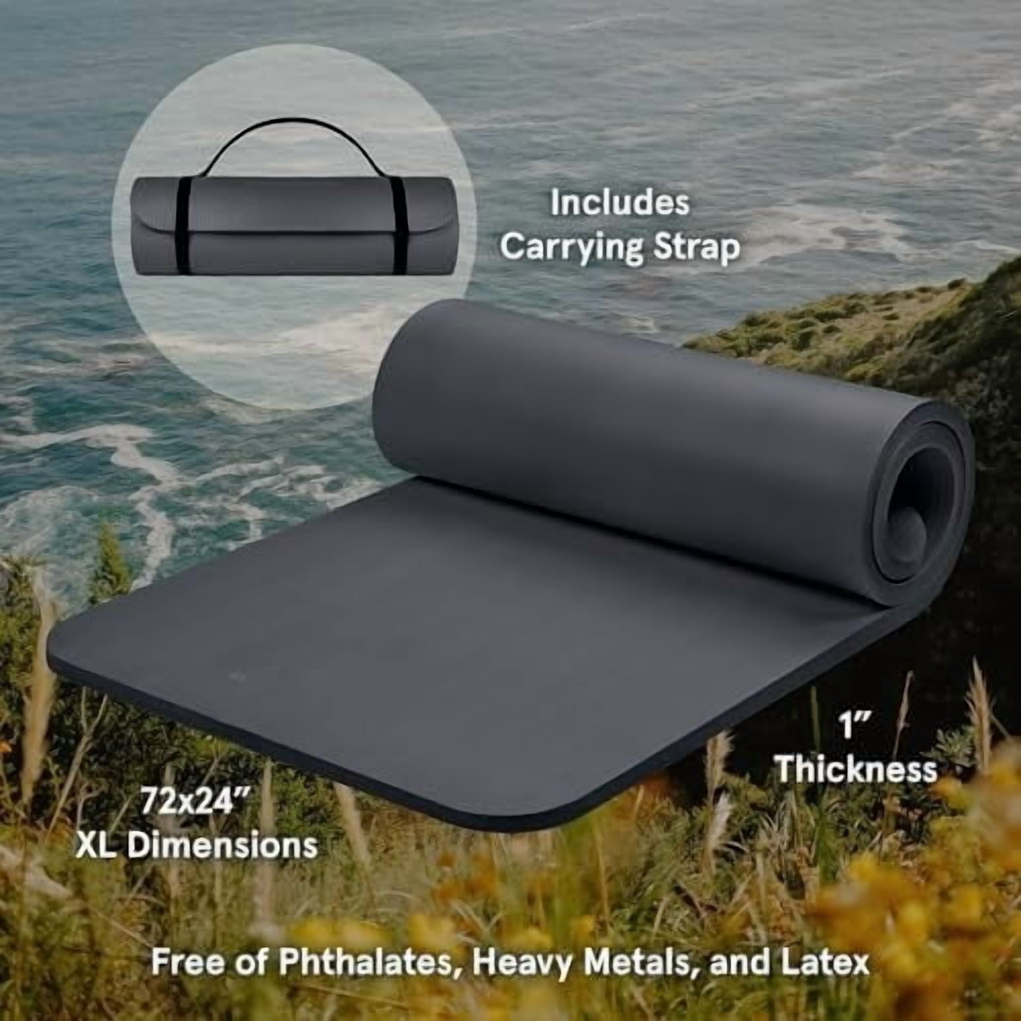 Solana Yoga Mat 1" Thick w/Nylon Strap for Men & Women - Non Slip Exercise Mat for Home Yoga, Pilates, Stretching, Floor & Fitness Workouts Graphite,1 inch