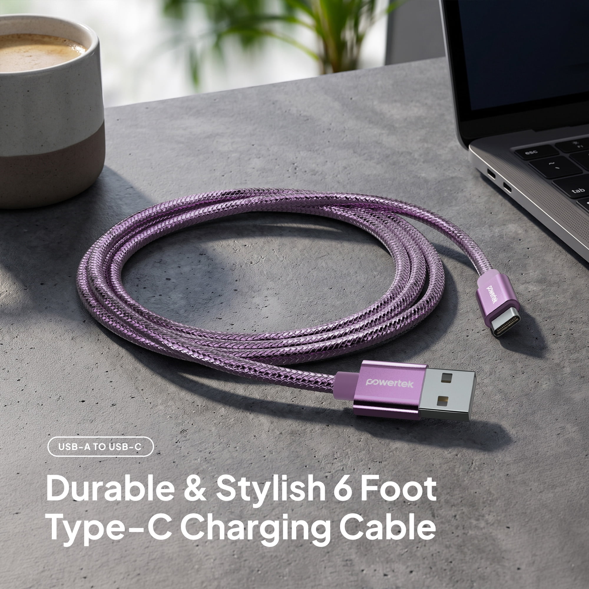 Powertek Luxe 6ft USB-A to USB-C Cable, Purple, Fast Charge & Sync, Metallic Mesh PVC Jacket, Durable Tangle-Free Design