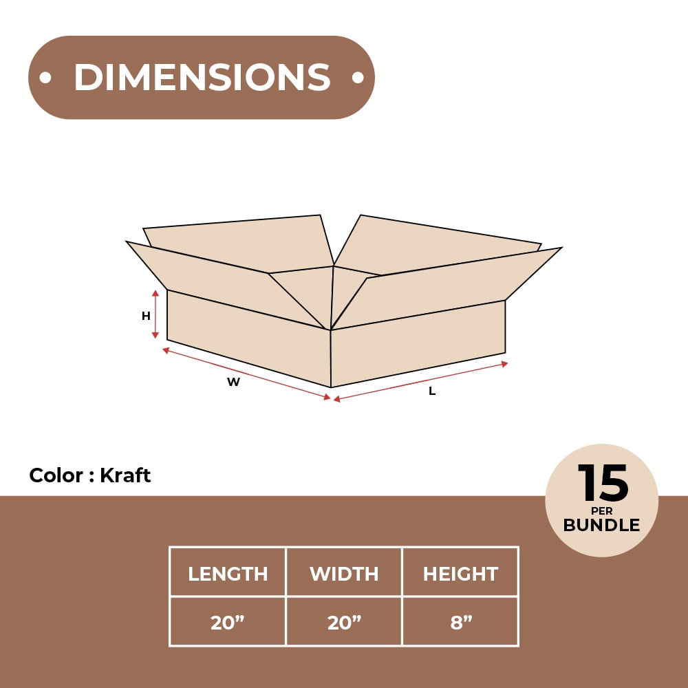 SSBM 20" x 20" x 8" Kraft ECT-32 Single Wall Corrugated Flat Boxes Shipping Packing 15/BUNDLE