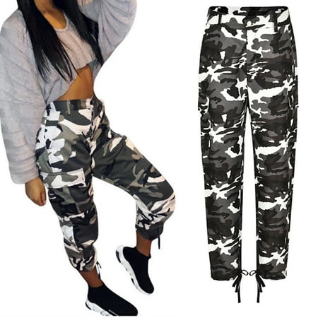 Camouflage Cargo Pants Black Women's Camo Cargo Trousers Casual Pants Military Army Combat Camouflage Print Long Pants Black Size S ()