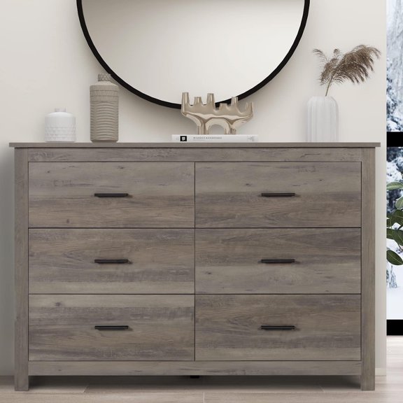 YIGOBUY 6 Drawer Farmhouse Dresser, Wooden Double Horizontal Dresser, Grey