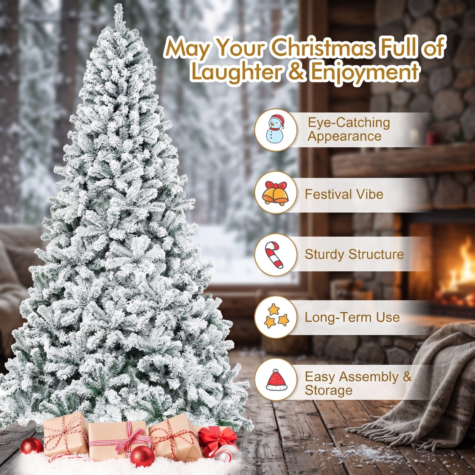RUIE 9 FT Artificial Christmas Tree, Premium Snow Flocked Hinged Full Xmas Tree with Metal Stand, 1498 Branch Tips PVC Holiday Tree for Home Office Party Indoor, White