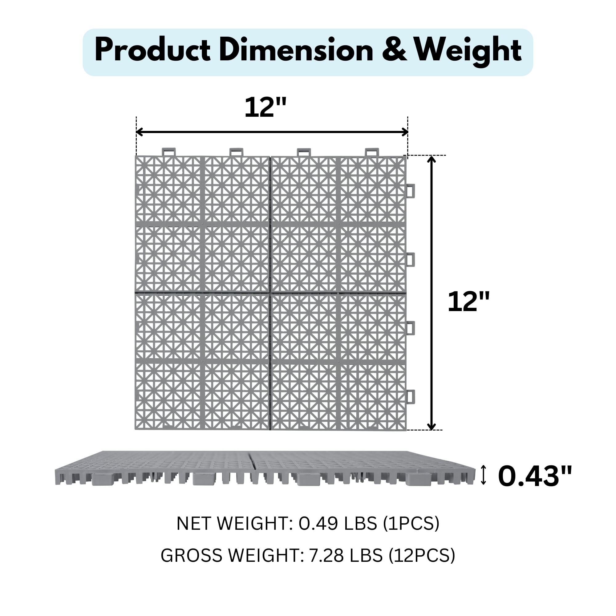 Miniyam 12 PcsInterlocking Deck Tiles, 12*12 inch, Plastic, Weight Capacity Up to 6613 LBS, Light Gray