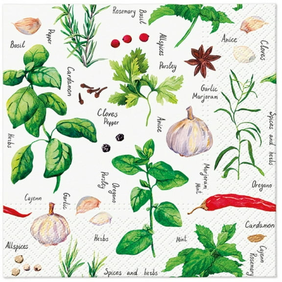 Keep Unique Herbs Botanical Decoupage Paper Napkins, Decorative Disposable White and Green Napkins, 20/Pack