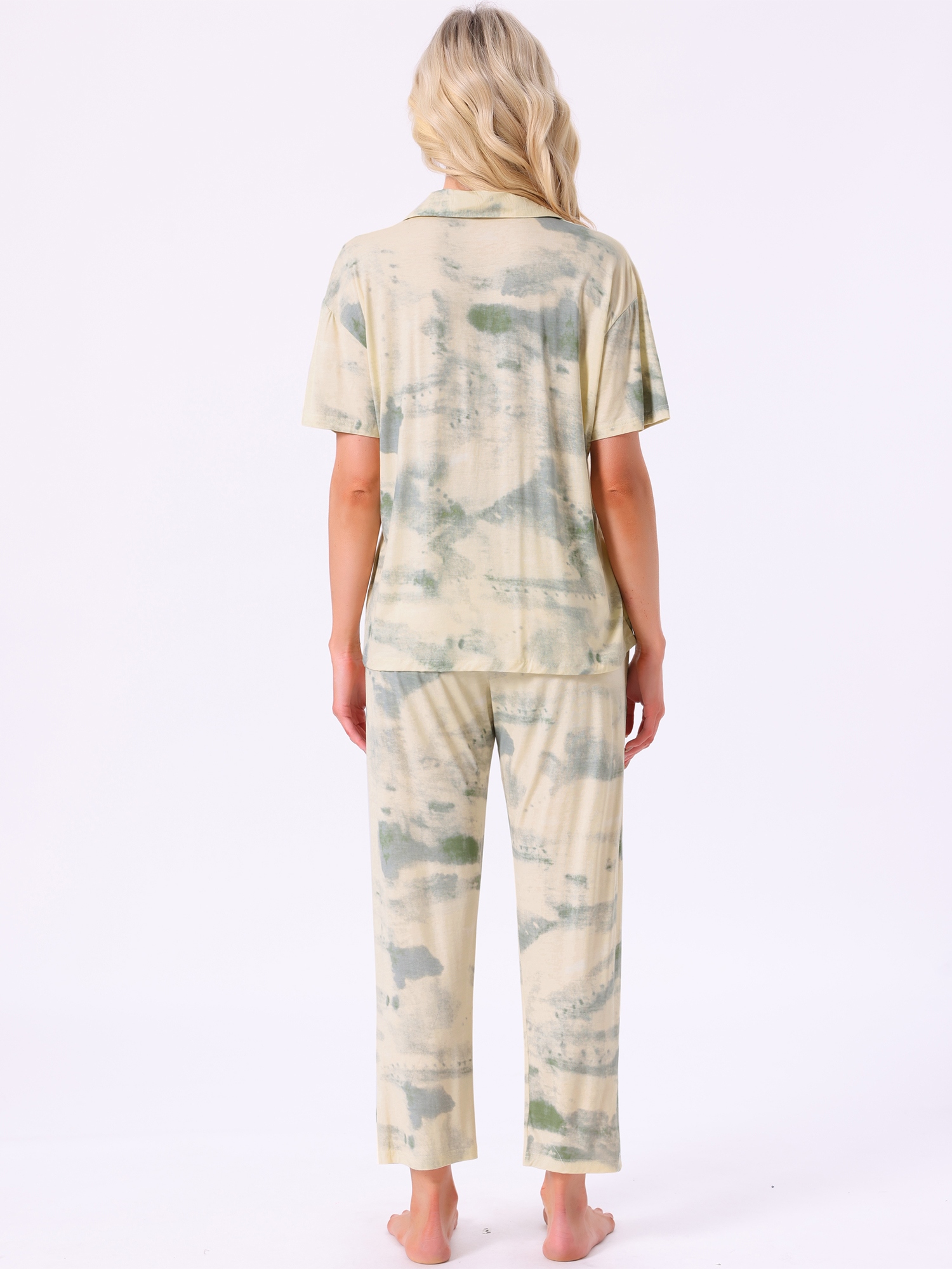DARING DIVA Tencel Floral Short Sleeve Notched Collar Pants Set S Green