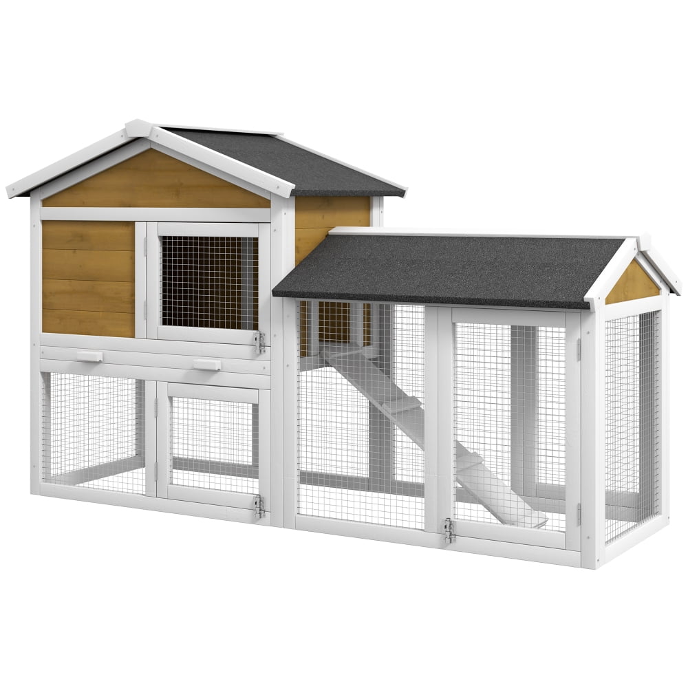 AUU PawHut 58" Wooden Rabbit Hutch for Guinea Pigs, Small Animal Enclosure with Run Area, Removable Tray, Asphalt Roof, Lockable Doors & Ramp, Nature Wood Finish