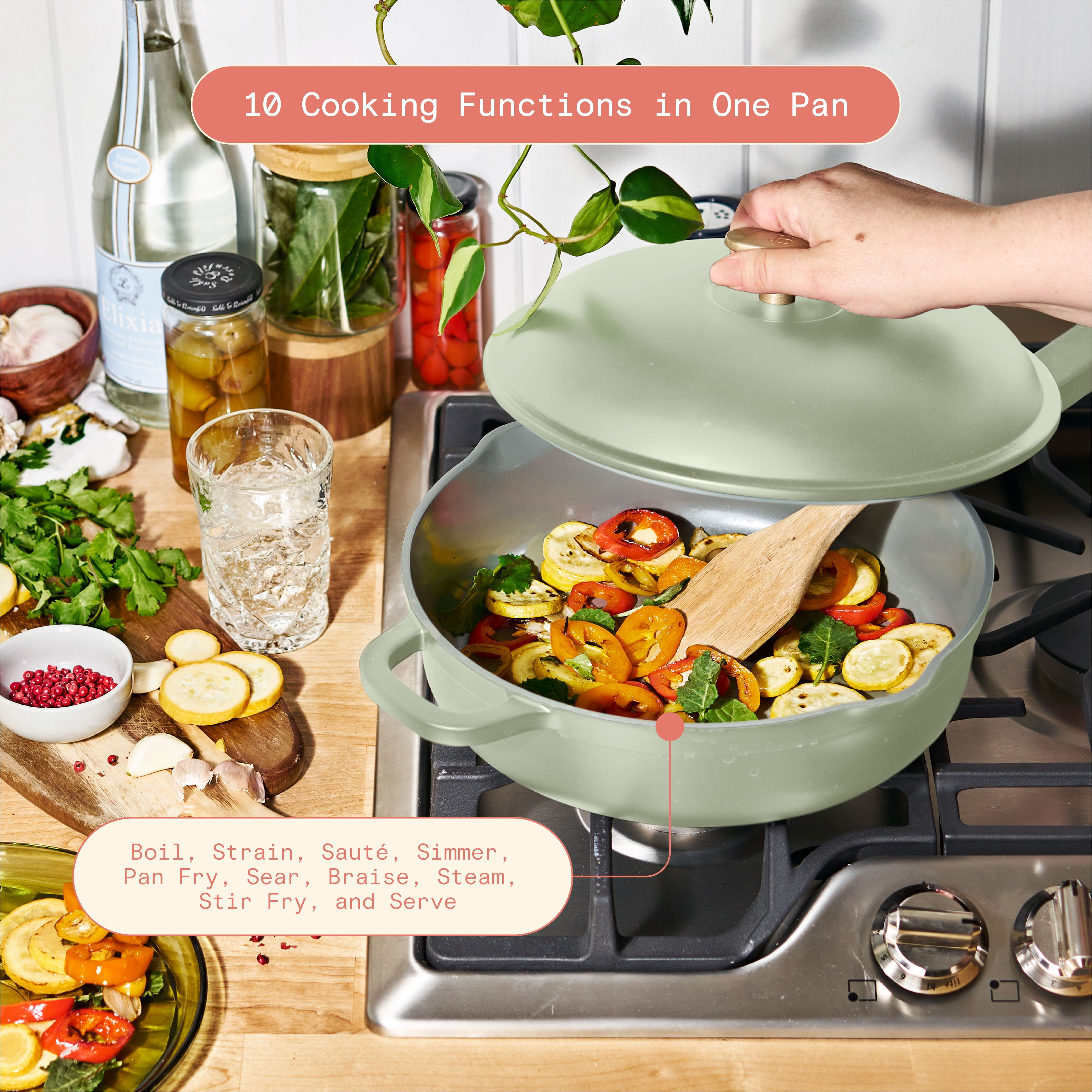 Beautiful All-in-One 4 QT Hero Pan with Steam Insert, 3 Piece Set, Sage Green by Drew Barrymore