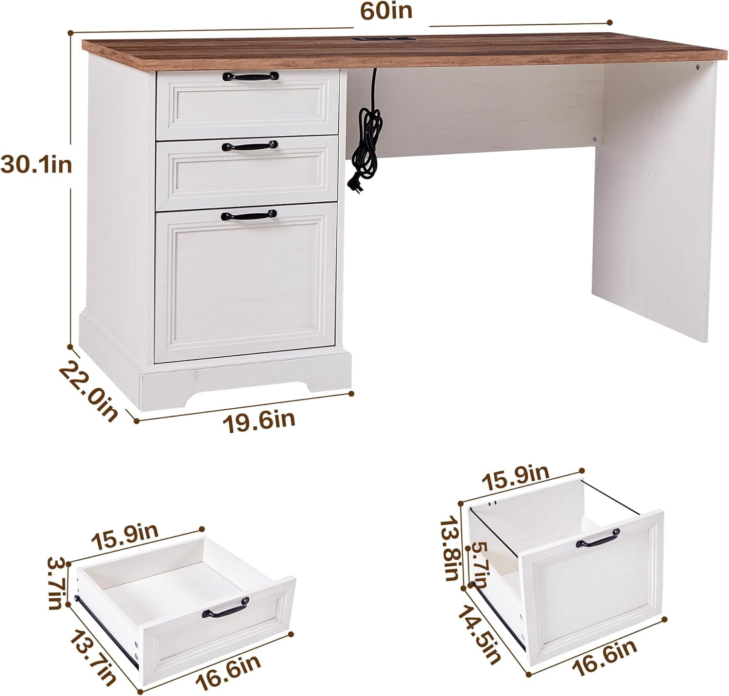 60" Farmhouse Executive Desk with Charging Station,Home Office Desk with 2 Drawers &1 File Cabinet,Wood Work Desk for Office and Home