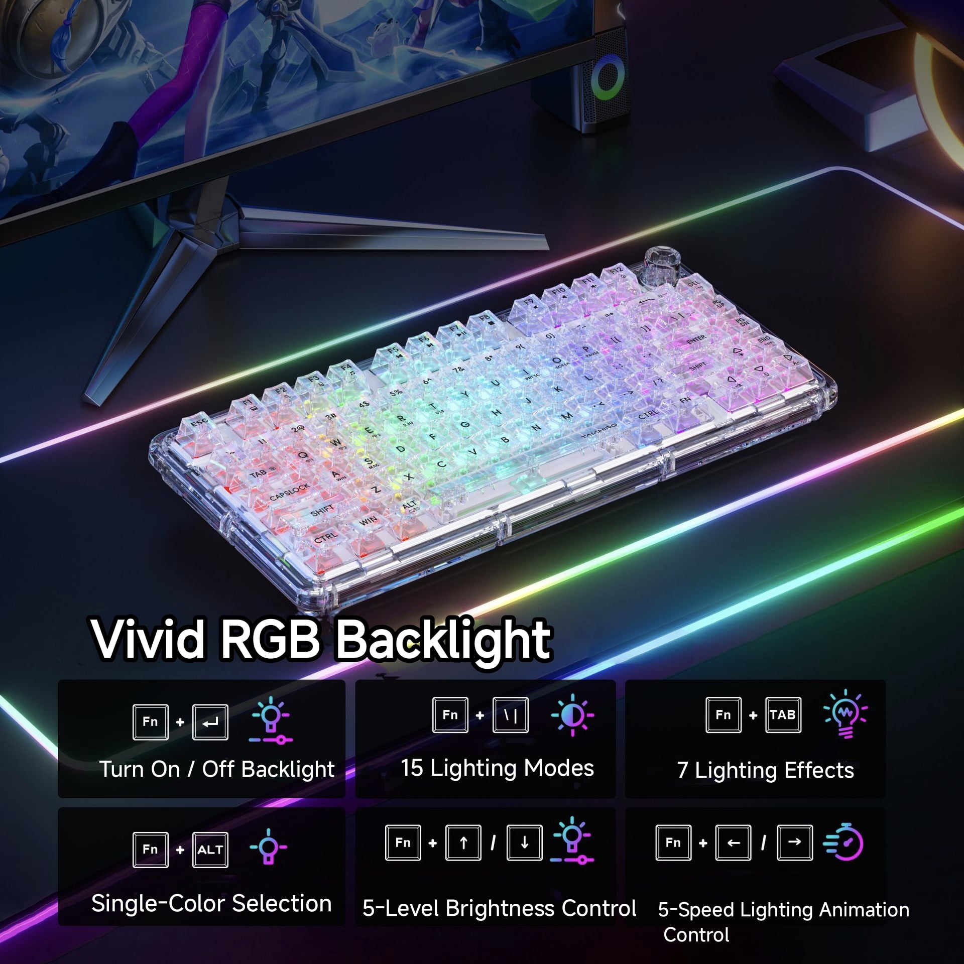 BK920 Transparent Wireless Mechanical Keyboard 80-Key Triple Mode RGB Backlit Hot-Swappable Linear Switches Volume Knob for Mac & Windows