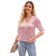 thumbnail image 1 of Top de manga corta con costuras de encaje y cuello en V, camiseta informal con estampado de satén para primavera y verano, rosa XXL, 1 of 6