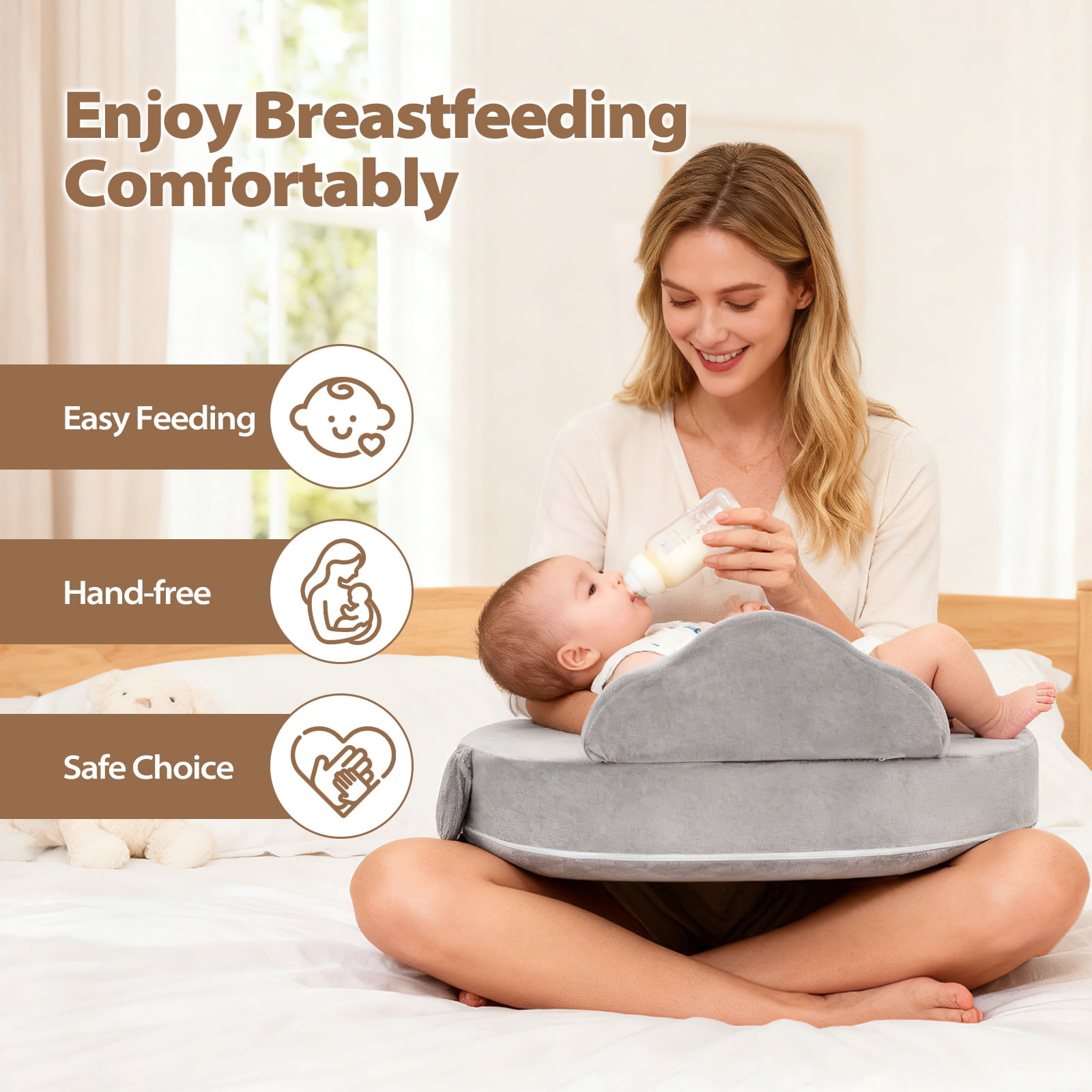 ACGROW Nursing Pillow - Memory Foam Bottle & Breastfeeding Pillow with Safety Fence - Ergonomic Support, with Wider Breast Feeding Cushion, Adjustable, Removable Cover, Baby Safety Certified Gray