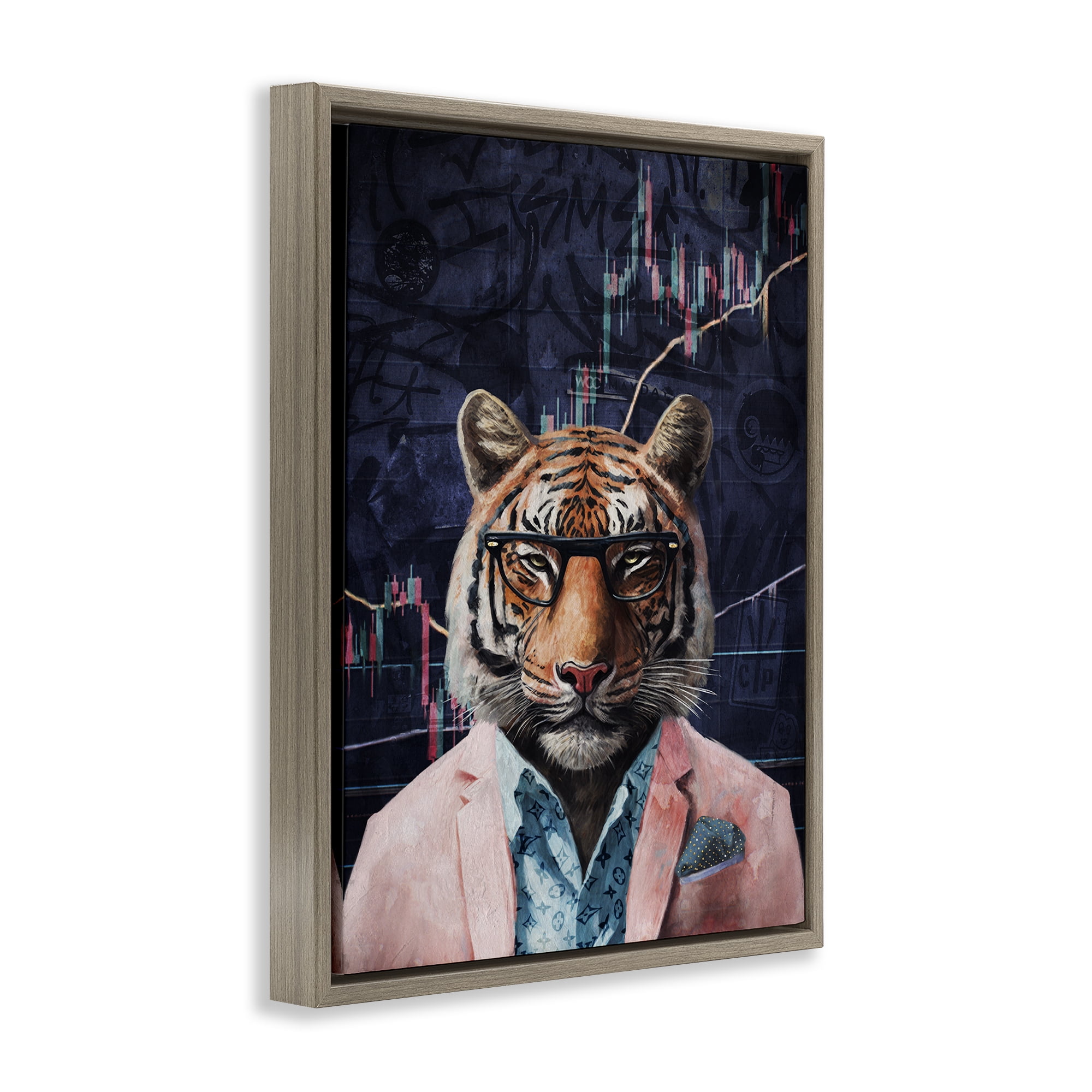Stupell Industries Trendy Tiger on Abstract Animals Painting Brown Floater Framed Canvas Art Print Wall Art, 25 x 31