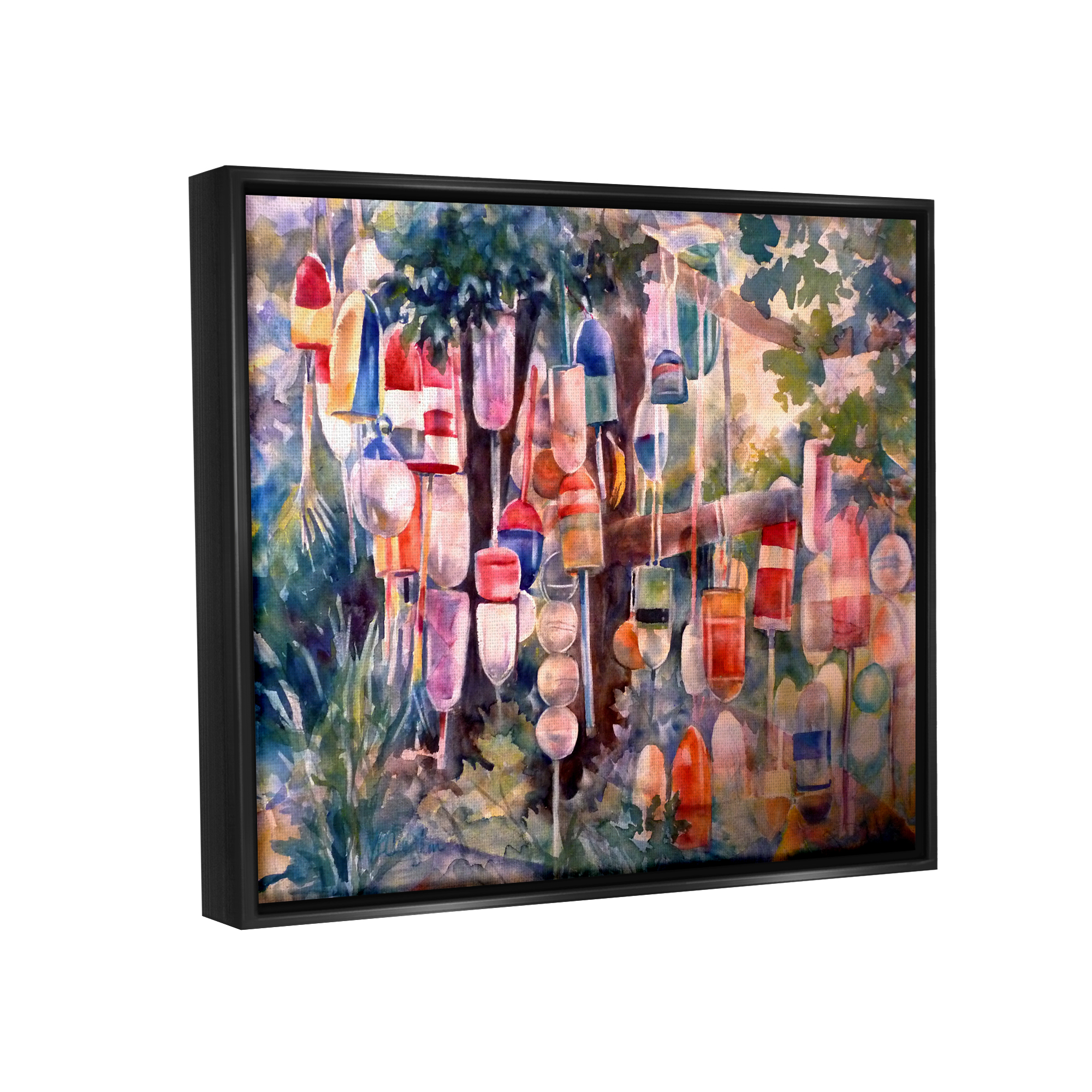 Stupell Industries Maritime Buoys on Tree Nature Painting Black Floater Framed Art Print Wall Art, 31 x 25