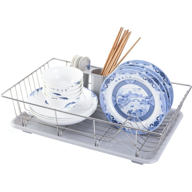 Stainless Steel Dish Rack with Plastic Drain Board and Utensil Cup