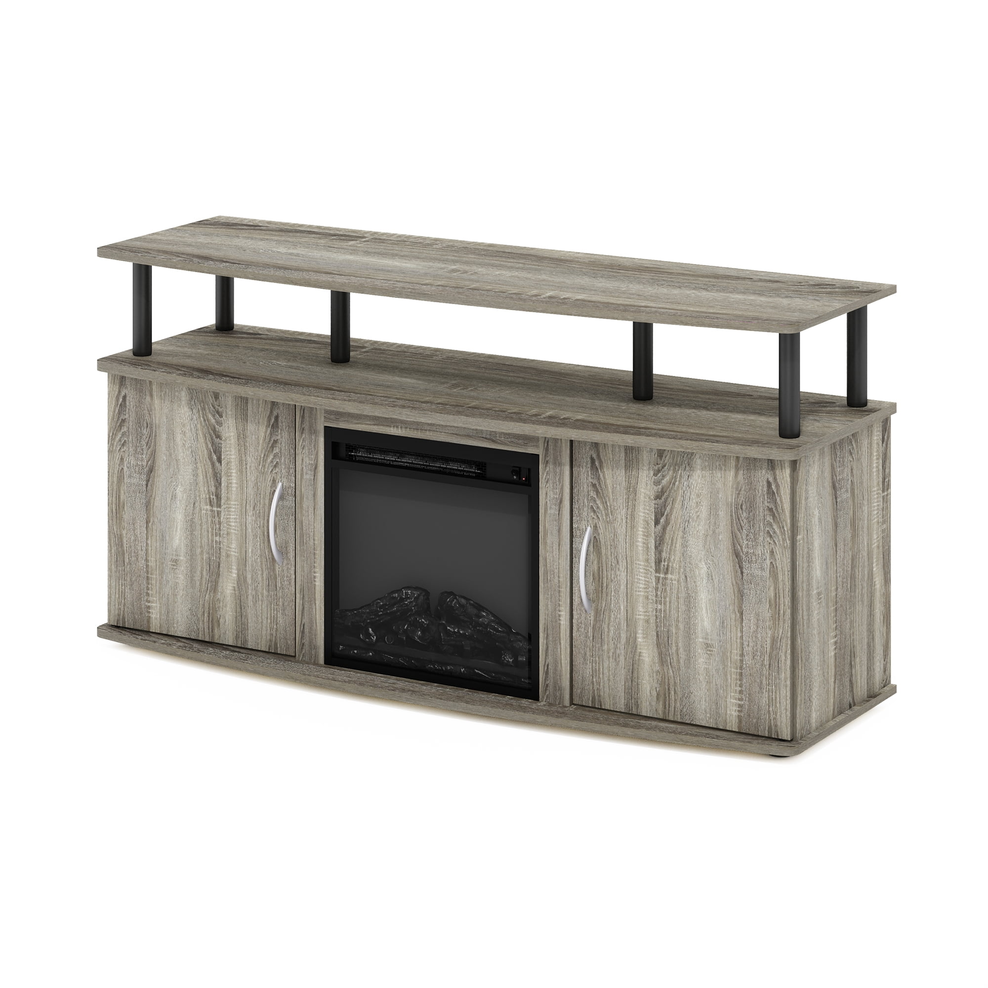 Furinno Jensen Living Room Fireplace Entertainment Center with Doors Storage Cabinet for TV up to 55 Inch, French Oak Grey/Black