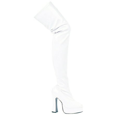 Womens Sexy White Poly Thigh Boot 5 Inch Chunky Heel Stretch Boots Mid Platform