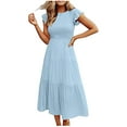 thumbnail image 2 of NSLGXD Summer Tiered Midi Dresses for Women 2025 Solid Color Round Neck Short Sleeve Dresses Fashion Comfy A-Line Dresses Party Dress, 2 of 7
