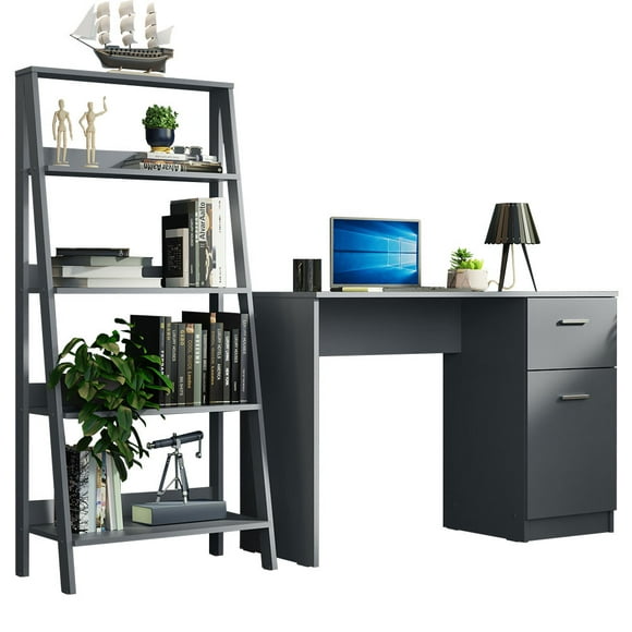 Madesa Compact Desk 43" + Ladder Shelf Standing Bookcase - Gray