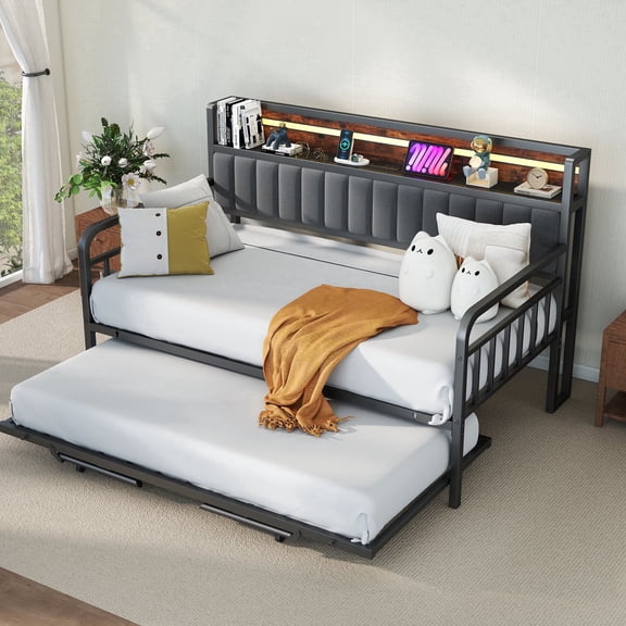 Vipuse Daybed with LED Light, Heavy Duty Metal Twin Bed Frame with Upholstered Storage Headboard & Charging Station, Day Bed Pop Up Trundle Bed Twin for Living Room,Bedroom and Guest Room,Black