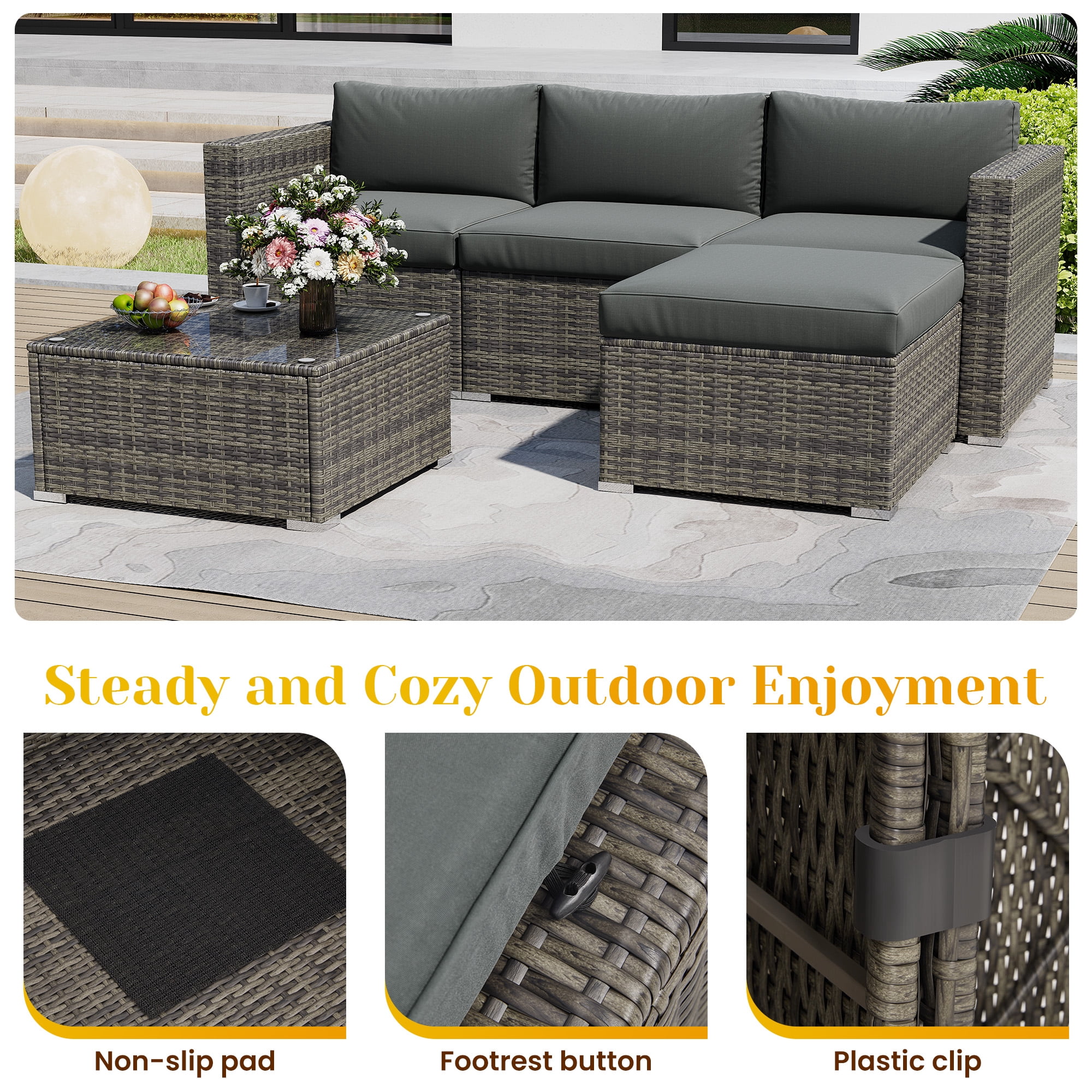 CozyHom 5 PCS Outdoor Patio Wicker Sectional Dining Conversation Set, All Weather Indoor Wicker Sofa Furniture Sets L Shaped Outdoor Couch With Ottoman, Gray