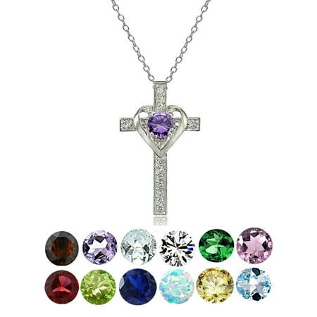 - Sterling Silver Blue Topaz & White Topaz Heart in Cross Necklace