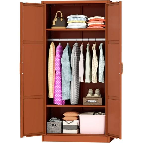 INTERGREAT Metal Armoire Wardrobe Closet, Storage Cabinet with Hanging Rod, 70.8" H Wardrobe Closet with Doors, Metal Storage Cabinets for Bedroom/Office/Garage (Brown)