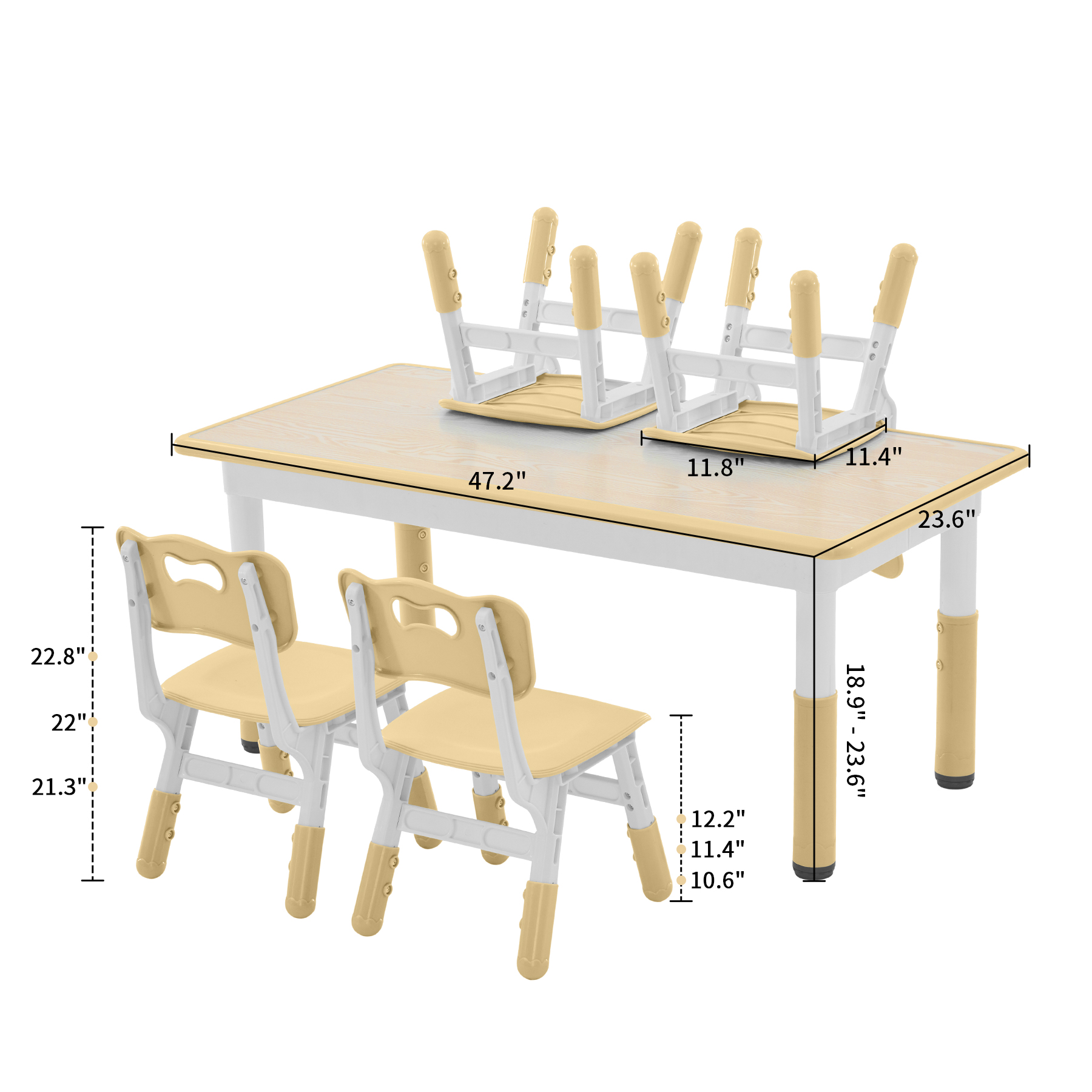DOREROOM Toddler Table and Chairs Set for 4, 47.2''L x 23.6''W Kids Study Table and Chair Set, Height-Adjustable, Graffiti Desktop, Children Activity Table for Daycare, Classroom, Home