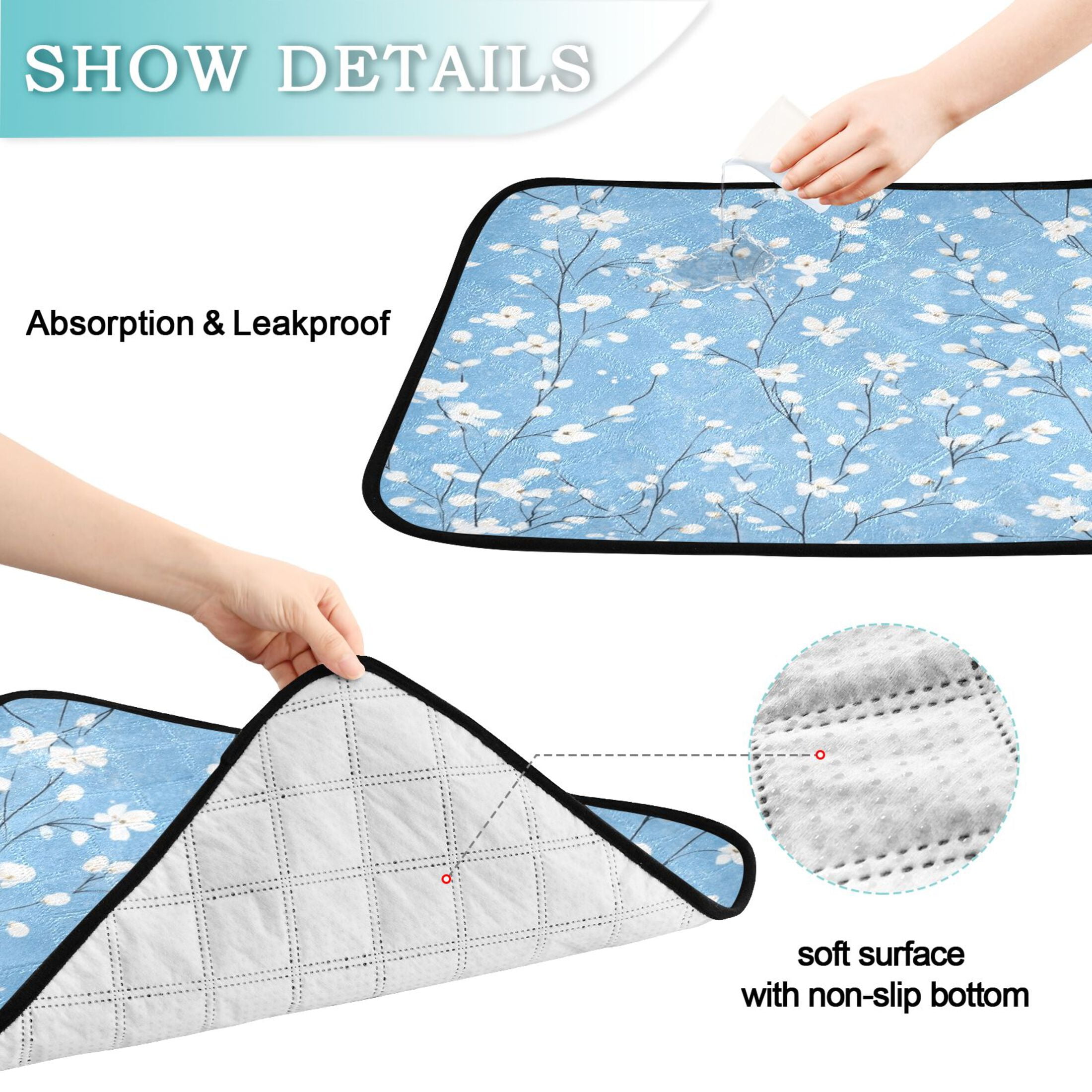 Qxltty Light Blue Background with White Floral Pattern Cat litter Pads Pet Set of 3 Diaper Mats Center Anti-leakage Layer Absorbent Soft and Comfortable