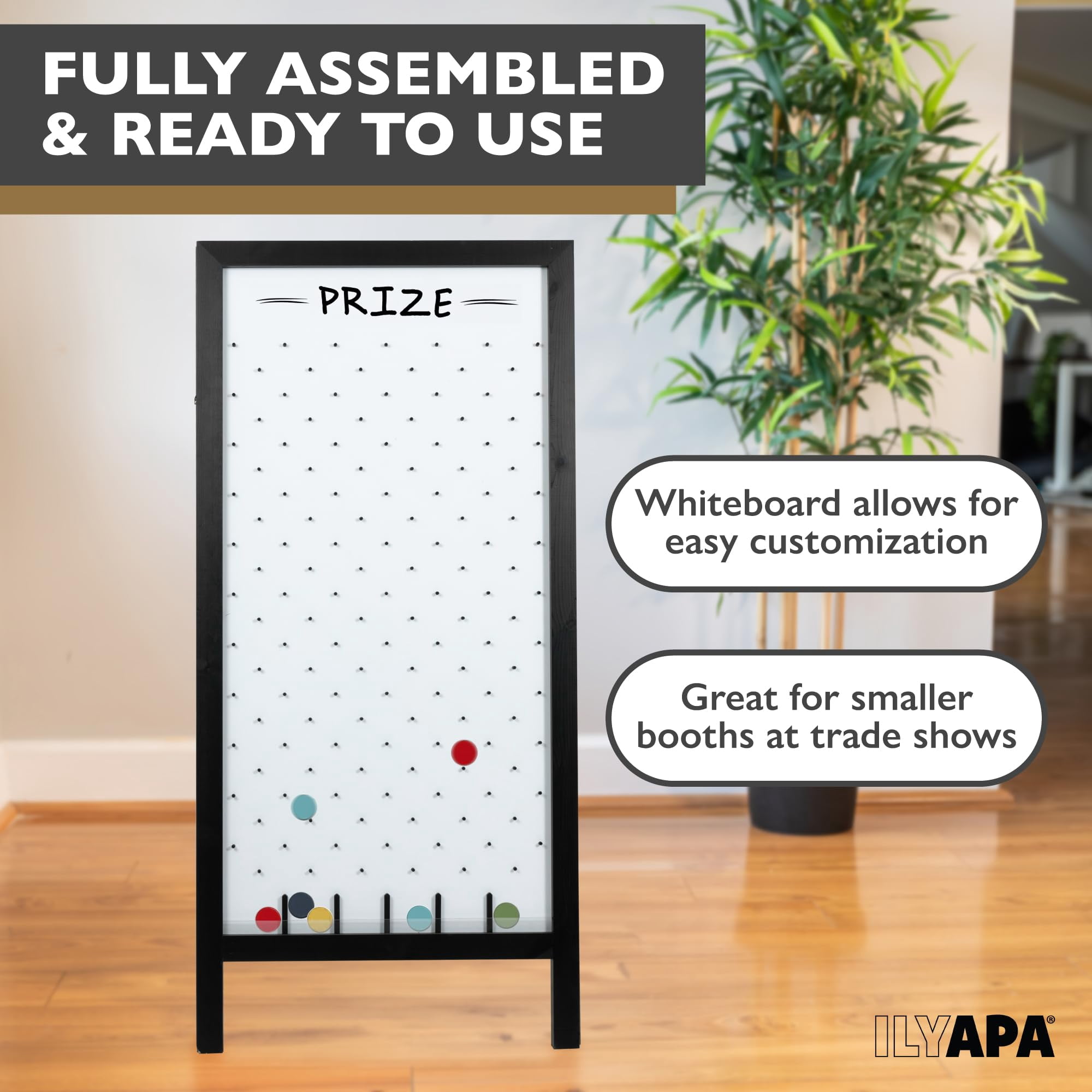 Ilyapa Extra Large Prize Drop Board Game - 28x57 Inch - Portable Game, Includes 20 Coin Discs, Double Sided Wooden A-Frame Whiteboard Sign, Eraser