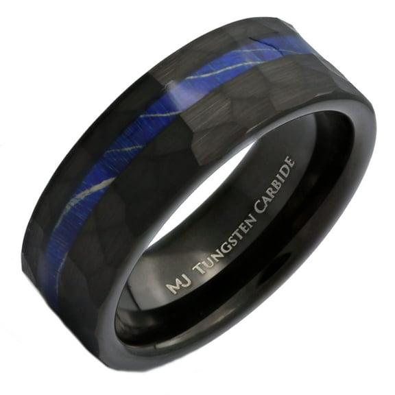 Metals Jewelry Men's / Women's Tungsten Carbide Brushed Finish 8mm Black Hammered with Blue Wood Inlay Wedding Band, Comfort Fit Ring Size 8