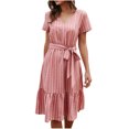 thumbnail image 2 of Xixinqiwan Sundresses for Women 2025 Plus Size,Women's Striped Printed V-Neck Short Sleeve Back Button Tie Waist Ruffle Dress Pink L, 2 of 8