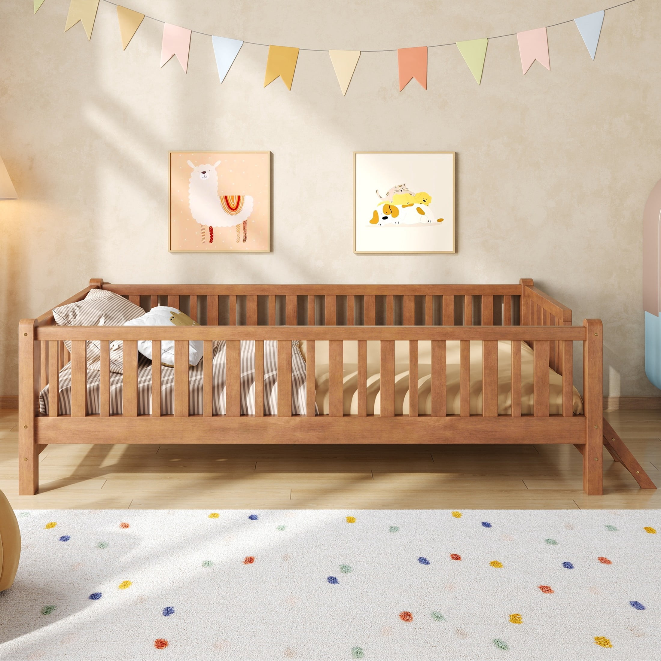 Noble House Prado Twin Size Wood Platform Bed with Full Guardrail, Safe Low Profile Bed Frame for Kids, Walnut