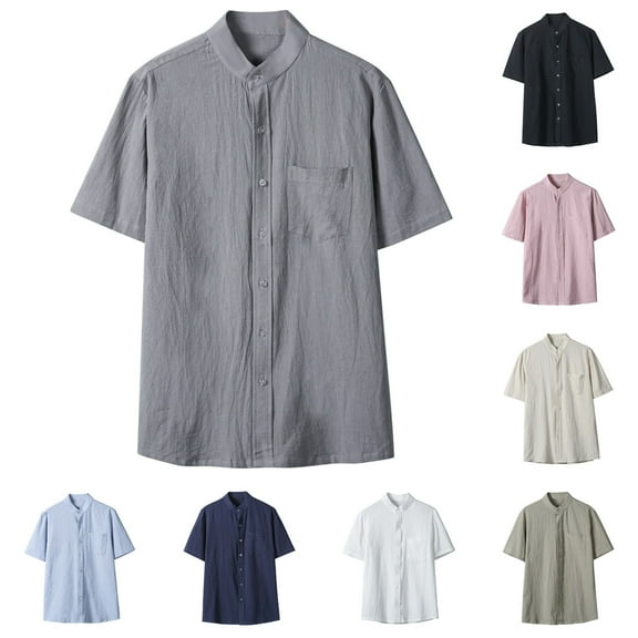 ZZwxWA Mens Button Down Shirt Lightweight Shirts Short Sleeve Band Collar Dress Shirts Summer Beach Shirt with Pocket Sales
