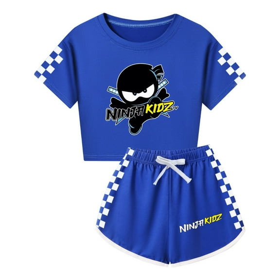 Ninja Kidz Girls Summer Set – Kids Cute Crop Top with Checker Sleeves and Matching Shorts