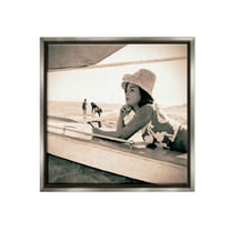 Stupell Industries Vintage Woman Sunbathing Landscape Painting Gray Floater Framed Canvas Art Print Wall Art, 25 x 25