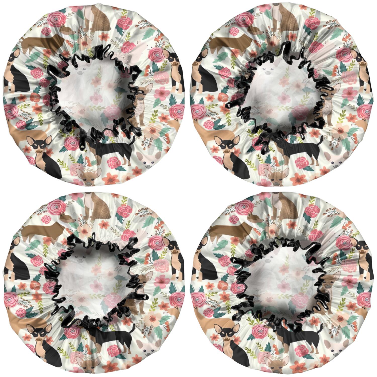 Shower Caps,Chihuahua and Pioneer Flower Waterproof Shower Cap for Women 4 Pieces,Double Reusable Hair Cover for Shower PEVA Elastic Stretch Hem