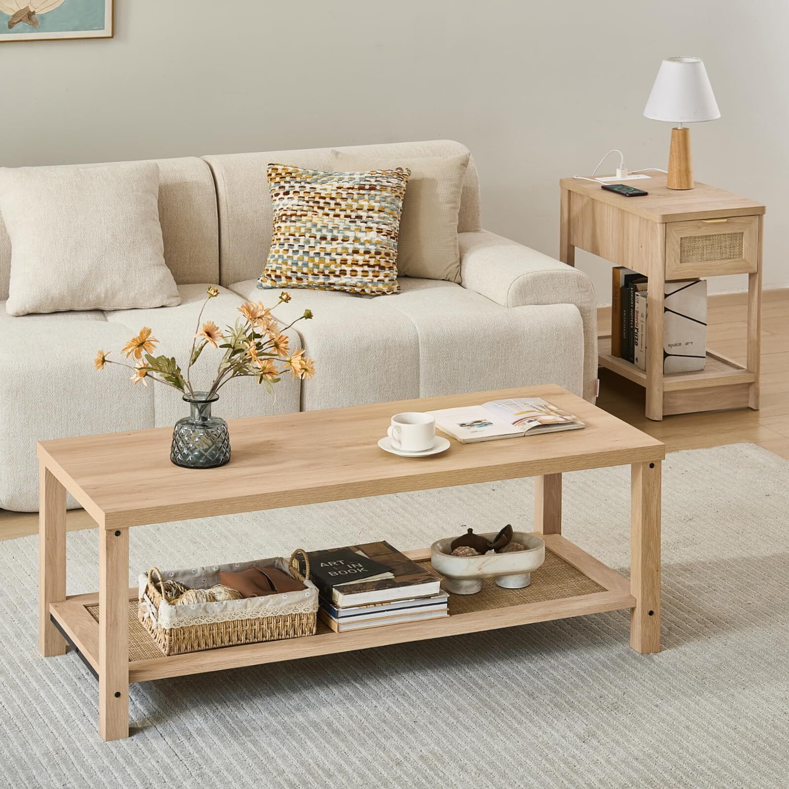 Buildhom Boho Rattan Coffee Table with Woven Open Shelf, Natural Wood Center Table for Living Room, Natural