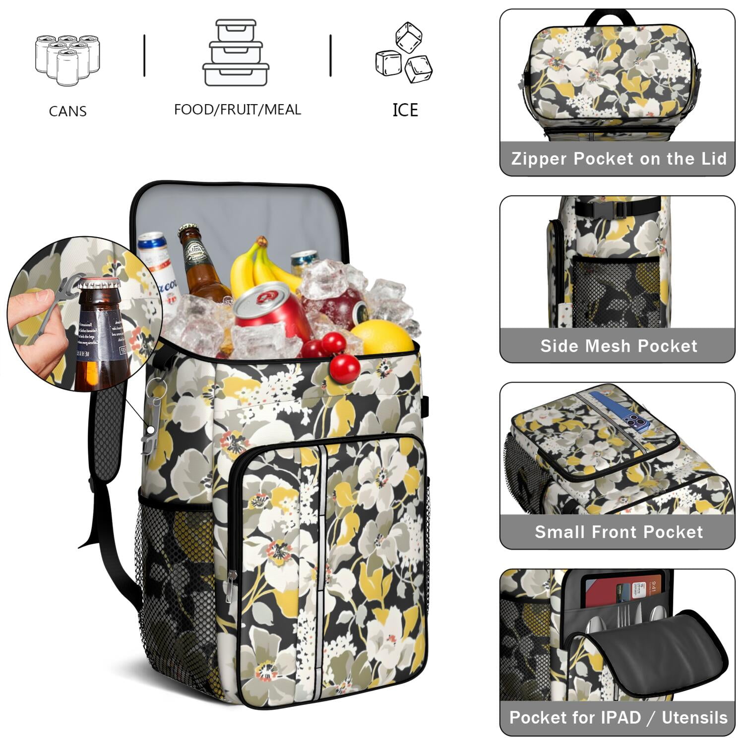 Travel Cooler Bag - Pioneer Flower Floral Print Pattern Camping Beer Cooler Backpack with Bottle Opener- Waterproof Insulated Picnic Backpacks - Cooler Bag for Beach