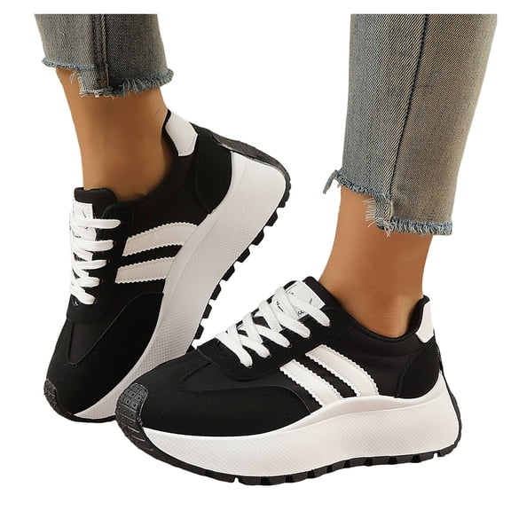 Rokment Women's Vintage Platform Chunky Low Top Fashion Sneakers Fall Winter Retro Casual Color Block Patchwork Height Increasing Skateboard Tennis Walking Shoes Comfortable Black Size 6